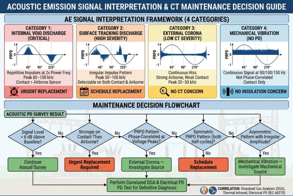 อินโฟกราฟิกทางวิศวกรรมที่ครอบคลุมซึ่งแสดงวิธีการแปลสัญญาณการแผ่รังสีเสียงจากตัวแปลงกระแสไฟฟ้าเพื่อการตัดสินใจในการบำรุงรักษาส่วนบนสุดเปรียบเทียบสัญญาณสี่ประเภทที่แตกต่างกันโดยใช้แผนภาพ PRPD ที่แสดงตัวอย่าง, สเปกตรัมความถี่, และความแข็งแกร่งสัมพัทธ์ของเซ็นเซอร์อากาศ/เซ็นเซอร์สัมผัส: ประเภท 1 (ช่องว่างภายใน, ภาวะวิกฤต), ประเภท 2 (การติดตามผิว, ความรุนแรงสูง), ประเภท 3 (โคโรนาภายนอก, ความรุนแรงต่ำ), และประเภท 4 (การสั่นสะเทือนทางกล, ไม่มี PD).ส่วนล่างแสดงแผนผังการไหลแบบภาพที่นำทางจากผลการสำรวจผ่านเพชรการตัดสินใจเฉพาะ—ระดับสัญญาณ > 6 dB หรือไม่? มีการสัมพันธ์ของเฟสหรือไม่? เป็นแบบสมมาตรหรือไม่?—ไปสู่การดำเนินการบำรุงรักษาตามมาตรฐาน เช่น 'จำเป็นต้องเปลี่ยนทันที', 'กำหนดเวลาเปลี่ยน', หรือ 'ตรวจสอบแหล่งภายนอก' ไอคอนขนาดเล็กให้ข้อมูลสรุปเกี่ยวกับการเชื่อมโยง DGA และ Electrical PD ที่เสริมกัน.
