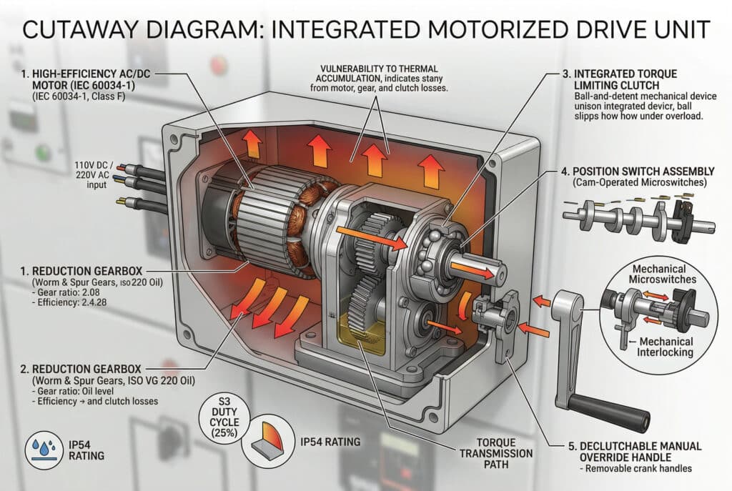 Detailliertes technisches Schnittdiagramm einer Motorantriebseinheit eines Innenraumtrennschalters, das die fünf integrierten Teilsysteme Motor, Getriebe, drehmomentbegrenzende Kupplung, Positionsschalter und Handbetätigung im Rahmen einer MS-Schaltanlage zeigt, wie in dem Artikel beschrieben.