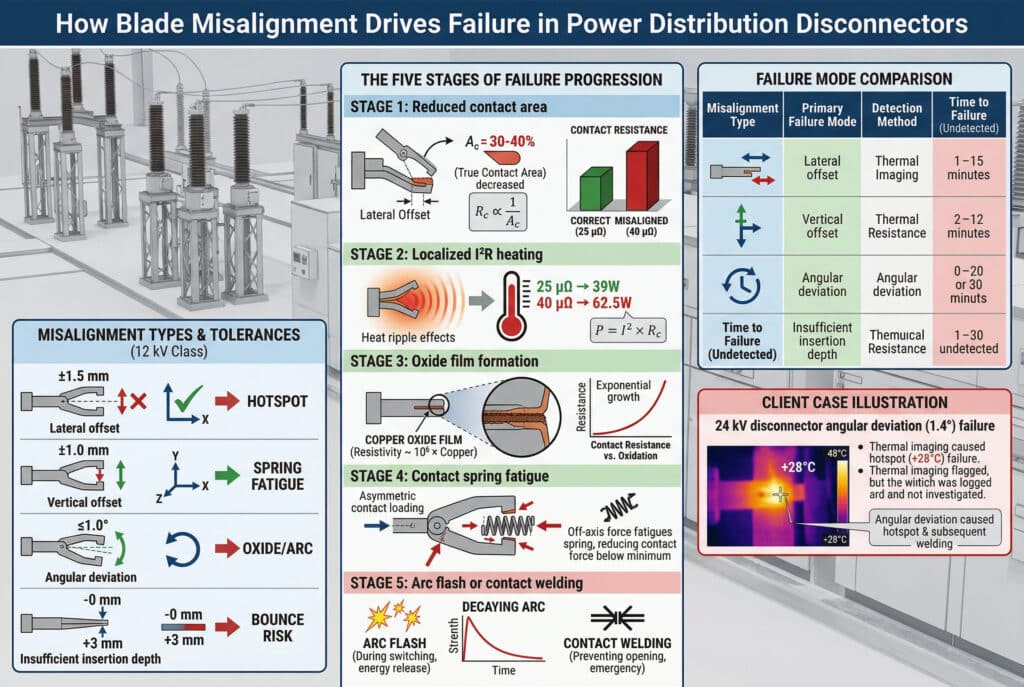 四個面板的技術插圖，顯示斷開器刀片不對稱如何導致配電開關裝置故障。該圖表包括錯位到故障的連鎖圖表、逐步的連鎖進程、錯位類型與主要故障模式的比較圖表，以及顯示 1.4° 角度偏差與熱點圖表的客戶案例研究。它強調了接觸面積、接觸電阻和發熱之間的工程關係，包括接觸電阻和功率損失的標示公式，以及範例值，例如 25 μΩ 對 40 μΩ、39 W 對 62.5 W，以及高於環境溫度 28°C 的熱點溫度。所有公差、量測和參考資料均以英文清楚標示，並符合 IEC 62271-102 標準。乾淨、專業的工業插圖風格，沒有人物。.