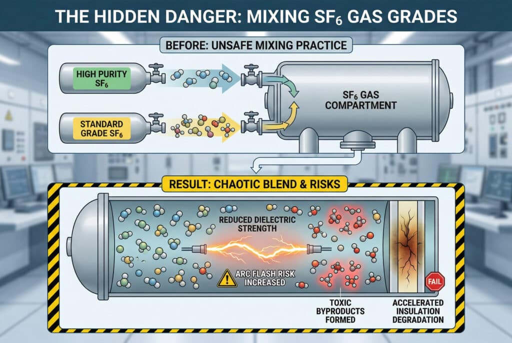 This detailed technical infographic illustrates the dangerous consequences of mixing different purity grades of SF6 gas within a gas insulated switchgear compartment. It highlights how a chaotic blend of varied molecular structures can lead to reduced dielectric strength, increased arc flash risk, the formation of toxic byproducts, and accelerated degradation of solid insulation materials, contrasting it with the ideal high purity single-grade gas state.