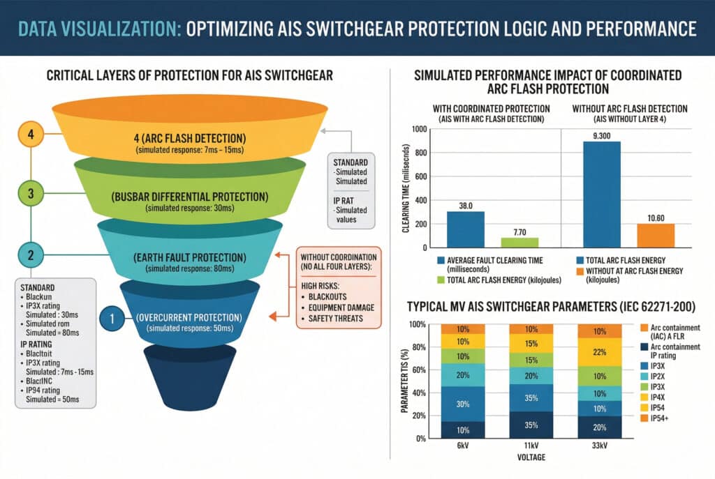 Une infographie de visualisation de données complexe et moderne, conçue comme un tableau de données complet, totalement dépourvu d'images de produits. Il s'agit d'un visuel propre, axé sur les données et doté d'une palette de couleurs professionnelles. Le graphique central est un diagramme pyramidal empilé à quatre niveaux intitulé "CRITICAL LAYERS OF PROTECTION FOR AIS SWITCHGEAR", illustrant les quatre niveaux de protection (surintensité, défaut à la terre, différentiel de barre omnibus, détection d'éclair d'arc) et leurs temps de réponse simulés typiques. À côté se trouve un diagramme à barres comparatif intitulé "IMPACT DE LA PROTECTION COORDONNÉE SUR LES PERFORMANCES SIMULÉES", qui présente deux barres principales : "AVEC PROTECTION COORDONNÉE (ARC DETECTE)" et "SANS PROTECTION COORDONNÉE (PAS D'ARC DETECTE)", avec des mesures pour des paramètres simulés tels que le "TEMPS MOYEN D'EFFACEMENT DES DEFAUTS (millisecondes)" et l""ÉNERGIE TOTALE D'ÉCLAIRAGE DE L'ARC (kilojoules)". Un graphique plus petit montre les paramètres typiques des appareillages de commutation AIS, tels que les plages de valeurs IAC (A FLR) et les valeurs IP (IP3X à IP54+) pour différentes tensions (6kV, 11kV, 33kV) en tant que données simulées. Toutes les étiquettes, titres, étiquettes d'axe, points de données et légendes utilisent un anglais clair et correct (données simulées).