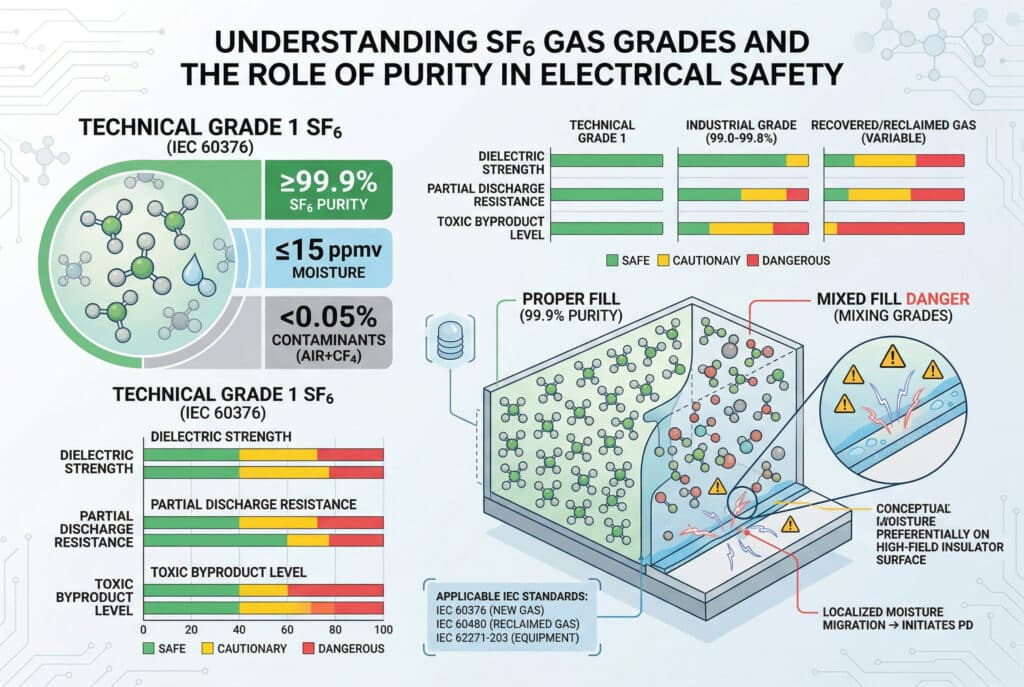 This detailed professional technical infographic illustrates the breakdown of SF6 gas grades for electrical insulation safety. It includes graphical representations of purity composition for Technical Grade 1 vs Industrial and Recovered/Reclaimed Gas, data comparison charts on critical parameters, and a conceptual diagram showing localized moisture migration on an insulator surface triggering partial discharge when mixed gas grades coexist, highlighting the need for minimum purity per IEC standards.
