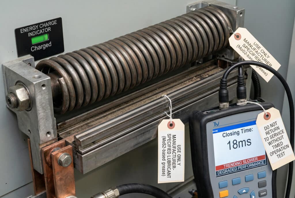 Вид крупным планом пружинного механизма заземлителя быстрого действия, свидетельствующий о небрежном обслуживании. К нему подключается анализатор выключателей, который отображает показания "Время замыкания: 18 мс" с текстом "TRENDING SLOwER", чтобы подчеркнуть бесшумную деградацию, вызванную неправильной смазкой и пренебрежительным осмотром.