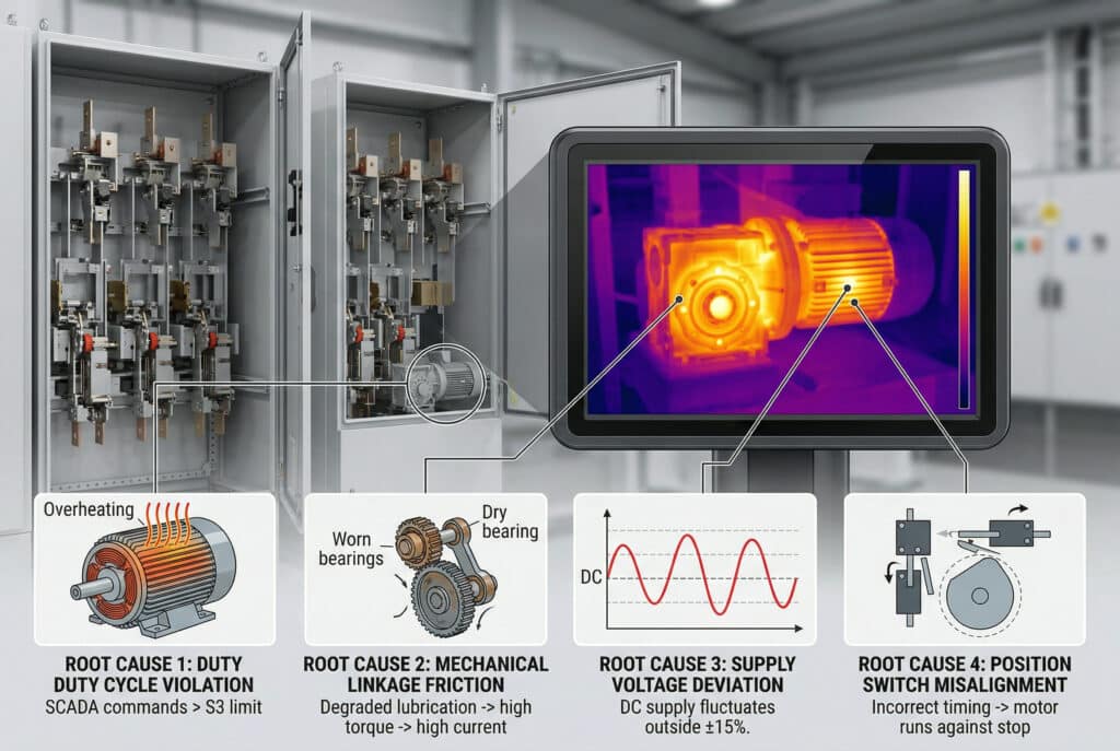 Eine komplexe technische 3D-Illustration und ein Wärmebilddiagnosediagramm, das die vier versteckten Ursachen für die Überhitzung von Motorantrieben aufschlüsselt, wie im Artikel erläutert. Das Bild zeigt mehrere Trennschalttafeln in einem Umspannwerk für erneuerbare Energien, wobei ein fokussiertes Wärmebild-Overlay heiße Stellen im Bereich des Getriebes und der Motorwicklung einer bestimmten motorisierten Antriebseinheit hervorhebt. Vier eindeutige, nummerierte Diagnosehinweise erläutern mit anschaulichen Symbolen und kurzen englischen Beschreibungen Verletzungen des Arbeitszyklus, Reibung der mechanischen Verbindung, Abweichung der Versorgungsspannung und falsche Ausrichtung der Positionsschalter.