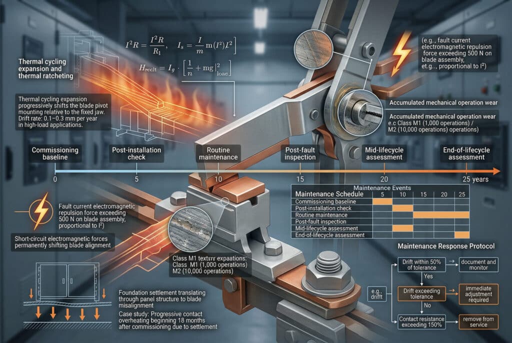 詳細的資訊圖表說明造成互連器葉片對齊偏移的生命週期因素以及維護回應規範。該圖像直觀地將熱膨脹、機械磨損、電磁力和地基沉降分層到從 0 到 25 年的時間線上。它包括特定的數據點，例如每年 0.1-0.3 mm 的熱循環漂移和超過 500 N 的短路力。全面的維護排程表詳細列出了調試基線、例行維護、故障後檢查及其他評估的觸發點，並根據漂移百分比和接觸電阻標準提供了特定維護回應規程的整合流程圖。.