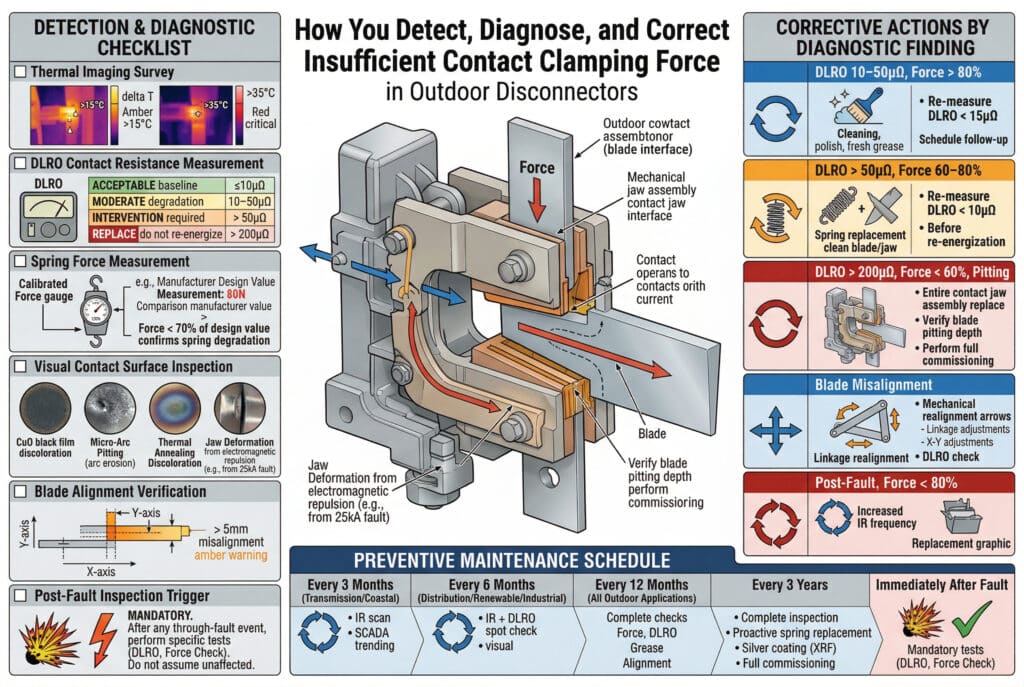 Infografis teknis terperinci ini, tanpa karakter, memvisualisasikan "Cara Mendeteksi, Mendiagnosis, dan Memperbaiki Gaya Penjepitan Kontak yang Tidak Memadai" pada pemisah luar ruangan. Ini mencakup diagnostik multi-panel untuk pencitraan termal (IR delta T > 15 ° C kuning, > 35 ° C peringatan merah), resistansi kontak DLRO (Dapat Diterima ≤10μΩ, Sedang 10-50μΩ, Intervensi > 50μΩ, Ganti > 200μΩ tidak memberi energi ulang), dan gaya pegas (perbandingan terhadap nilai desain pabrikan, mis., Nilai Desain Pabrikan 120N, Pengukuran 80N peringatan kuning), semuanya dalam desain teknik yang bersih dengan ikon siklus, tabel data, dan diagram. Ini merinci titik inspeksi kontak visual, verifikasi keselarasan blade, dan pemicu inspeksi pasca-kesalahan wajib. Tabel keputusan terintegrasi memberikan tindakan korektif yang tepat dengan menemukan (DLRO 10-50μΩ, Gaya> 80%; DLRO> 50μΩ, Gaya 60-80%; DLRO> 200μΩ, Gaya <60%, Lubang; Ketidaksejajaran Bilah; Gaya Pasca-Kesalahan <80%) dengan ikon untuk pembersihan, penggantian pegas/rahang, dan penyetelan ulang. Spanduk di bagian bawah merinci jadwal perawatan pencegahan yang komprehensif (3 bulan, 6 bulan, 12 bulan, 3 tahun) dan pemeriksaan kerusakan segera. Semua nilai numerik teknis, persamaan, satuan (μΩ, °C, N, μm, dll.), dan teks dalam bahasa Inggris yang jelas dan benar.