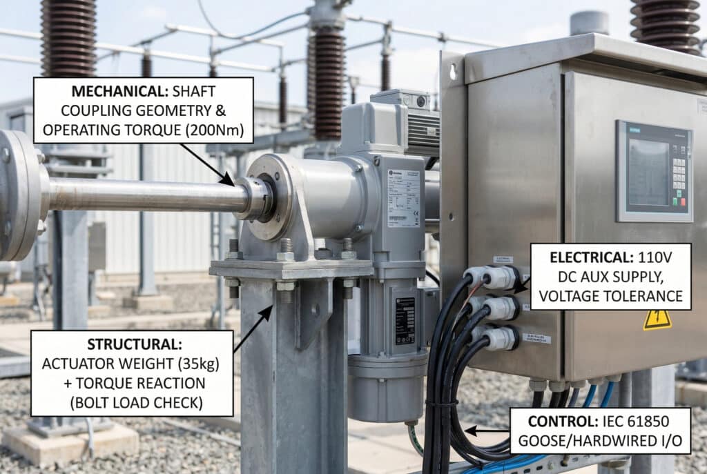 Una fotografía de primer plano extremo de un nuevo actuador motorizado integrado con un eje operativo de seccionador de exterior dentro de un patio de subestación eléctrica, con anotaciones técnicas precisas y superposiciones que señalan parámetros específicos de compatibilidad de ingeniería, como la geometría del eje, el par, las comprobaciones de carga del perno de montaje, la alimentación auxiliar de 110 V CC, la tolerancia de tensión y las interfaces de control IEC 61850, todo ello según se define en el texto del artículo.