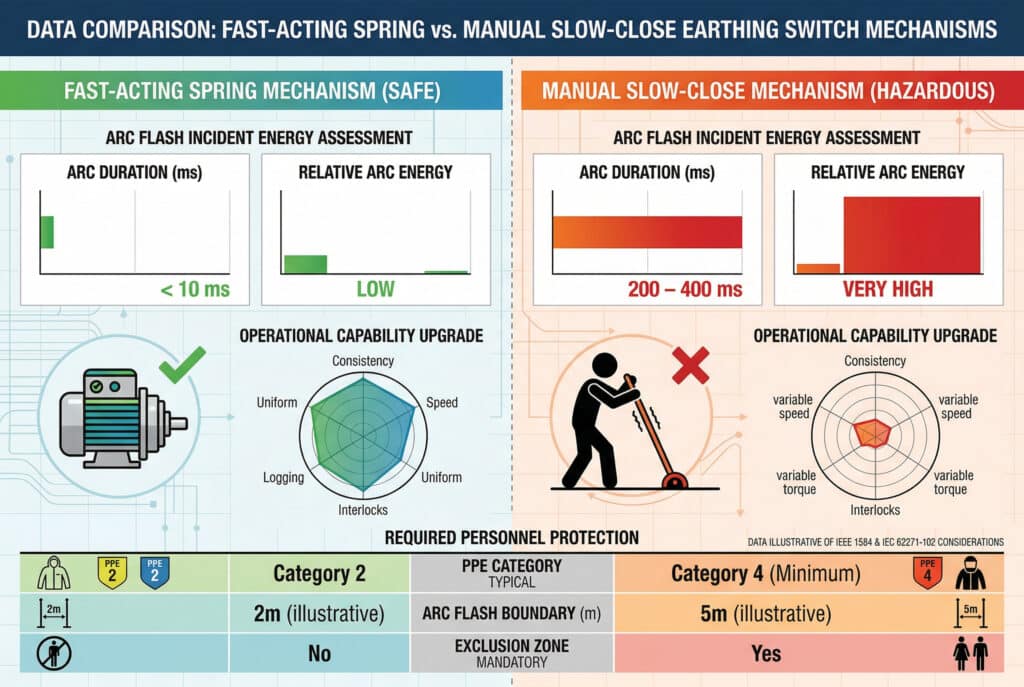 Сравнительная инфографика и аналитический отчет, выполненный в виде чистой, профессиональной инженерной инфографики с отполированной промышленной эстетикой. Диаграмма разделена по вертикали, левая сторона обозначена как 'Механизм быстродействующей пружины (безопасный)', а правая - как 'Механизм ручного медленного закрывания (опасный)'. В разделе 'Механизм быстродействующей пружины (безопасный)' в 'ОЦЕНК ЭНЕРГИИ ИСПЫТАНИЯ ВЗРЫВНОЙ АРКИ' показаны два наглядных графика: 'ДЛИТЕЛЬНОСТЬ АРКИ (мс)' в виде очень короткой горизонтальной зеленой полосы (например, < 10 мс) и 'ОТНОСИТЕЛЬНАЯ ЭНЕРГИЯ АРКИ' в виде небольшой зеленой полосы. В разделе 'Механизм ручного медленного закрытия (опасный)', в отдельном разделе 'ОЦЕНКА ЭНЕРГИИ ВЗРЫВНОЙ АРКИ' представлены две наглядные диаграммы: 'ДЛИТЕЛЬНОСТЬ АРКИ (мс)' в виде очень длинной горизонтальной оранжево-красной полосы (например, 200 - 400 мс) и 'ОТНОСИТЕЛЬНАЯ ЭНЕРГИЯ АРКИ' в виде очень большой красной полосы. В нижней части приводится четкая сводная таблица: КАТЕГОРИЯ СИЗ и ТРЕБУЕМЫЕ КРАТКИЕ СРЕДСТВА, перечисление быстродействующих пружин против ручного медленного закрытия. Строки для типичных характеристик включают скорость закрытия (3,0 м/с против 0,1 м/с), продолжительность предварительной вспышки (< 10 мс против 200-400 мс), относительную энергию дуги (низкая против очень высокой) и требуемую защиту (СИЗ категории 2 и зона отчуждения (например, 2 м) против СИЗ категории 4 (минимум) и обязательная зона отчуждения (например, 5 м)). Аннотации указывают на ДАННЫЕ, ИЛЛЮСТРАТИВНЫЕ ПО СООТВЕТСТВИЮ IEEE 1584 и IEC 62271-102. Вся инфографика профессиональна, точна и наглядно передает критическое сравнение безопасности двух механизмов без изображений продукта.