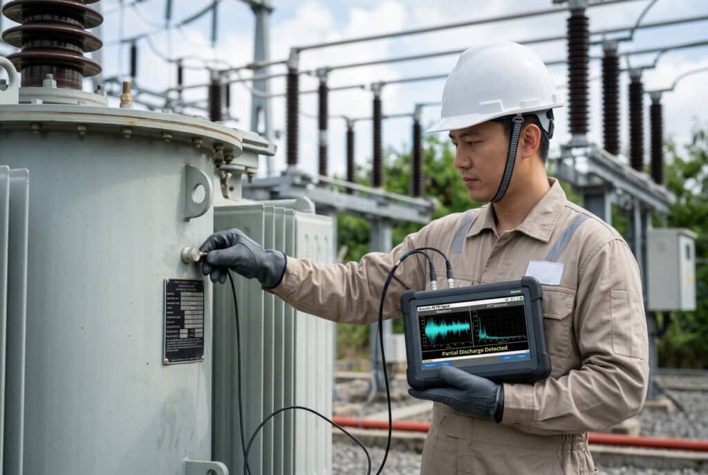 วิศวกรมืออาชีพชาวเอเชียตะวันออกที่สถานีไฟฟ้าย่อยกลางแจ้งกำลังทำการตรวจจับการปล่อยประจุบางส่วนแบบอะคูสติกออนไลน์บนตัวแปลงกระแสไฟฟ้า โดยใช้เครื่องวิเคราะห์แบบพกพาเพื่อแปลสัญญาณอัลตราโซนิกที่เกิดจากข้อบกพร่องของฉนวน เพื่อให้มั่นใจในการจัดการสินทรัพย์ที่เชื่อถือได้โดยไม่มีการหยุดชะงักของพลังงาน.