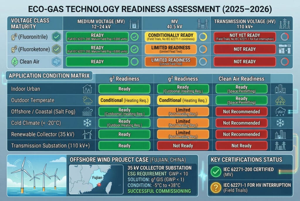 Diagrama infográfico detallado titulado 'EVALUACIÓN DE LA PREPARACIÓN TECNOLÓGICA DE LOS ECOGAS (2025-2026)' que compara el nivel de preparación tecnológica (TRL) de las opciones de g³ (fluoronitrilo), g² (fluorocetona) y ecogas Clean Air para los conmutadores GIS. La sección superior, 'VOLTAGE CLASS MATURITY', utiliza un código de colores verde, amarillo y rojo para mostrar la preparación en tres bandas: Media Tensión (MT) 12-24 kV, MT 40,5 kV y Tensión de Transmisión (AT) 110 kV+. La MT 12-24 kV está etiquetada como 'LISTA' con poblaciones maduras, mientras que la AT está etiquetada como 'TODAVÍA NO LISTA/PRUEBAS DE CAMPO'. La sección central es una 'MATRIZ DE CONDICIONES DE APLICACIÓN' con una tabla e iconos para filas como 'Interior urbano', 'Exterior templado', 'Costa (niebla salina)', 'Clima frío (< -20 °C)', 'Colector renovable (35 kV)', 'Subestación de transmisión (110 kV+)', y columnas para 'Preparación para g³', 'Preparación para g²', 'Preparación para aire limpio'. Cada celda tiene casillas de estado codificadas por colores (p. ej., 'Condicional (requiere calefacción)', 'Disponibilidad limitada', 'Listo (permisos de espacio)'). La sección inferior incluye un panel 'CASO DE PROYECTO EÓLICO OFFSHORE (FUJIAN, CHINA)' con aerogeneradores y un mapa, que resume el uso satisfactorio del SIG g³ a 35 kV, y una barra lateral 'ESTADO DE CERTIFICACIONES CLAVE' que destaca 'CERTIFICADO IEC 62271-200 (MT)' e 'IEC 62271-1 PARA INTERRUPCIÓN AT (Ensayos de campo)'.