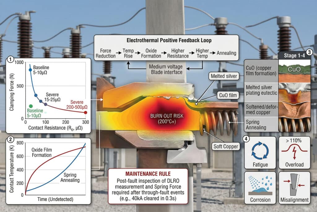 Infografis teknis terperinci ini, tanpa karakter, memvisualisasikan loop umpan balik positif elektrotermal yang menciptakan risiko panas berlebih dan kelelahan pada sakelar pemisah luar ruangan. Ini kontras dengan resistansi kontak awal (5-10μΩ) dan kenaikan suhu dengan degradasi parah (misalnya, film CuO, perak yang meleleh, pegas anil), yang menggabungkan grafik terintegrasi, diagram siklus loop umpan balik, dan ilustrasi penyebab utama. Sebuah kotak inset utama memperingatkan: "ATURAN PEMELIHARAAN: Diperlukan pemeriksaan pasca-kesalahan (misalnya, 40kA dibersihkan dalam 0,3 detik)." Semua data dan toleransi akurat.