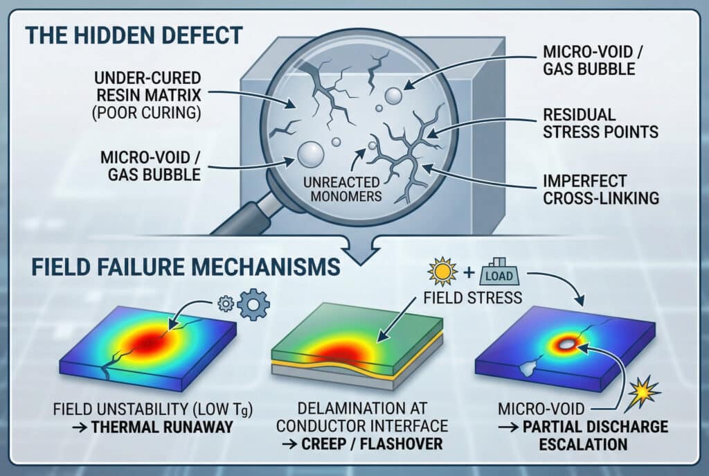 全面的概念資訊圖視覺化結構分為兩個連結的區域。頂端以中性藍色和灰色為主調，以高度放大的圖像說明「隱藏的缺陷」，包括微空洞、不完善的分支和未反應的單體等有缺陷、未充分固化的樹脂結構。特定的英文文字標籤和箭頭指出這些特徵。底部則以鮮明的色彩將「現場失效機制」視覺化，以圖解性、非數據性的熱圖和火花視覺化來指出「現場不穩定性 (低 Tg) -> 熱循環」、「導體介面的脫層 -> 起泡/閃爍」和「微空泡 -> 部分脫落剝落」等概念。整幅圖片以圖解的方式呈現，沒有攝影元素、實際產品或數字資料，而是使用因果流程箭頭和象徵圖示，例如齒輪、太陽/負載和火花。比例為 3:2。所有文字均為正確易懂的英文。.