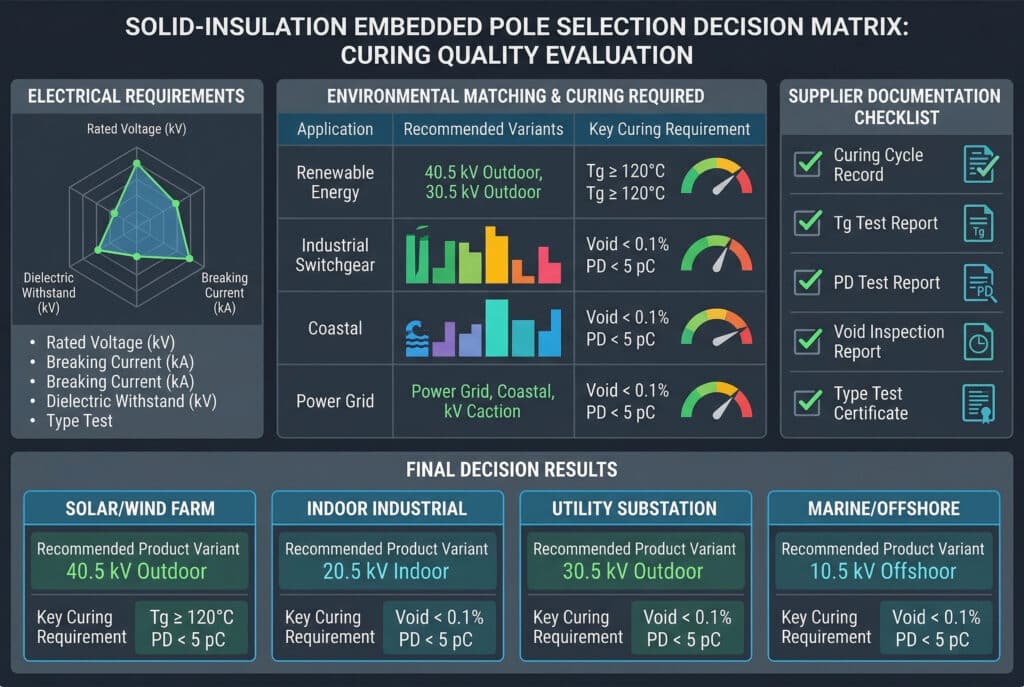 全面的多面板工程決策矩陣儀表板，完全由現代數據圖表、圖形、儀表、表格和檢查清單組成。它可視化根據固化品質評估選擇正確固體絕緣嵌入式電極的過程。圖像結構分為電氣要求（雷達圖）、環境匹配與固化要求（針對特定應用的表格和條形圖）、供應商文件檢查清單（包含固化週期記錄、Tg 測試報告、PD 測試報告、空洞檢查報告和型式測試證書的符號）和最終決定結果等部分，其中顯示了四種應用的推薦變體和高性能數據指標（例如，可再生能源：40.5 kV 室外，Tg ≥ 120°C）。整個儀表板具有乾淨、專業、工業控制室的美感，色彩和諧，英文文字清晰易讀，沒有人物或真實的產品圖像，只有像素完美的向量圖形和資料。比例為 3:2。.