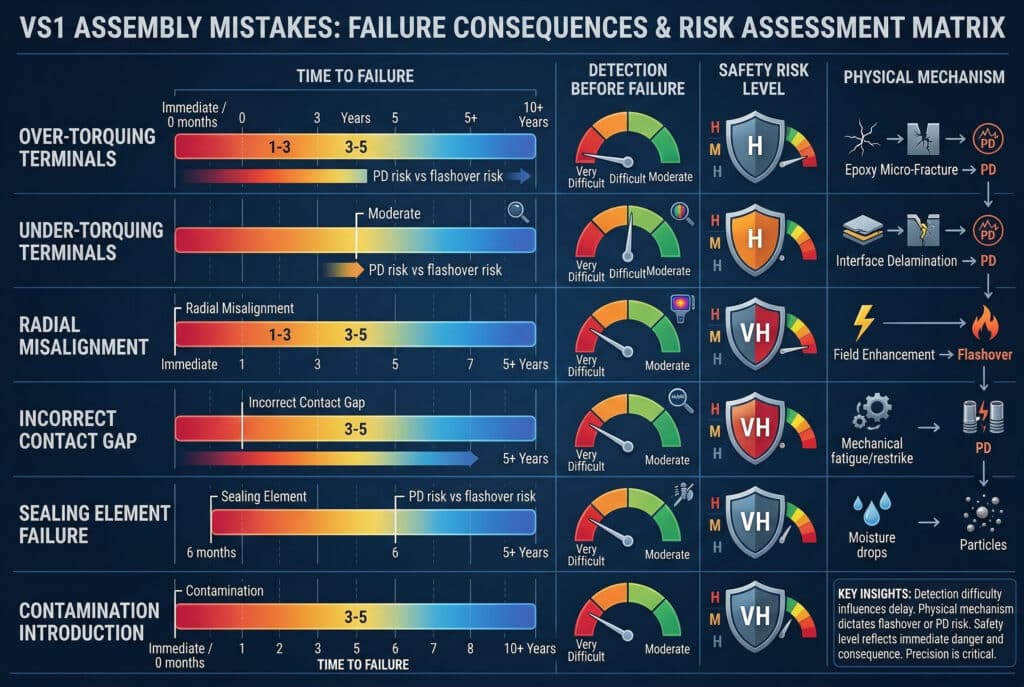 Uma matriz de avaliação de risco abrangente que visualiza as consequências da falha de seis erros críticos de montagem do VS1. Ela detalha o tempo até a falha (variando de meses a anos), a dificuldade de detecção (geralmente muito difícil), o nível de risco de segurança (H a VH) e os mecanismos físicos específicos (por exemplo, PD, flashover) para cada erro. O texto inferior destaca as principais percepções sobre como esses fatores interagem, enfatizando que a precisão na montagem é fundamental para evitar atrasos, gerenciar riscos e garantir a segurança.
