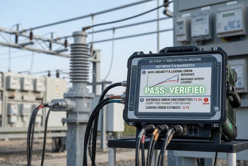 Eine Nahaufnahme eines Präzisionsumspannwerks zeigt den Bildschirm, auf dem sich hinter einem großen, grün leuchtenden Text-Overlay 'PASS: VERIFIED' widersprüchliche Daten verbergen. Der darunter liegende Text zeigt einen Referenzfehler von 1,2% aufgrund der unkorrigierten Temperatur, eine Nichtlinearitätskurve und einen Ladefehler von -3,1%, was verdeutlicht, wie sich mehrere Folgefehler ausbreiten und falsche Sicherheit bei den Kalibrierungsergebnissen schaffen.