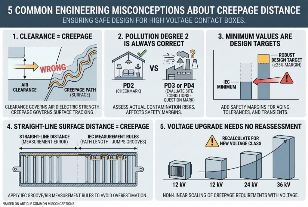 O diagramă infografică tehnică care ilustrează concepțiile greșite comune din domeniul ingineriei cu privire la distanța de creepage în carcasele cutiilor de contact de înaltă tensiune. Cinci panouri distincte vizualizează concepte din articol: diferența dintre spațiul liber și spațiul de dispersie cu o traiectorie complexă a suprafeței ondulate față de un spațiu de aer drept; pictograme și text care clarifică faptul că gradul de poluare trebuie evaluat la fața locului, contrastând simbolurile curate și industriale; o bară de scară care arată obiective de proiectare robuste semnificativ mai mari decât valorile minime; o diagramă a secțiunii transversale a unui izolator complex care contrastează distanța liniară cu măsurarea lungimii traiectoriei profilate; și scalarea neliniară a cerințelor de tensiune cu creșterea dimensiunii cutiei de contact. Estetica generală este profesională, bazată pe date și clară.