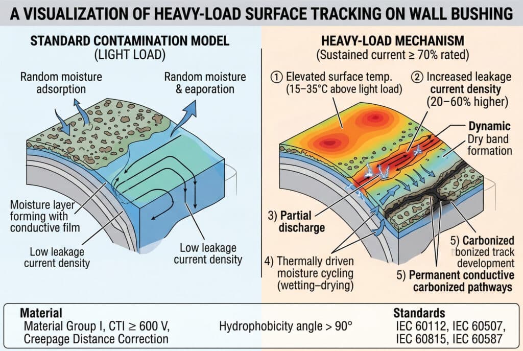 Standart hafif yük ve ağır yük koşulları altında bir duvar burcu yalıtım gövdesi üzerindeki yüzey izleme mekanizmasını görsel olarak karşılaştıran bilimsel bir çizim. Ağır yük ile ilişkili yüksek yüzey sıcaklığı ve artan kaçak akım yoğunluğunun kuru bant oluşumunu, voltaj konsantrasyonunu ve kalıcı iletken karbonize yolların aşamalı gelişimini nasıl hızlandırdığını detaylandırmaktadır.