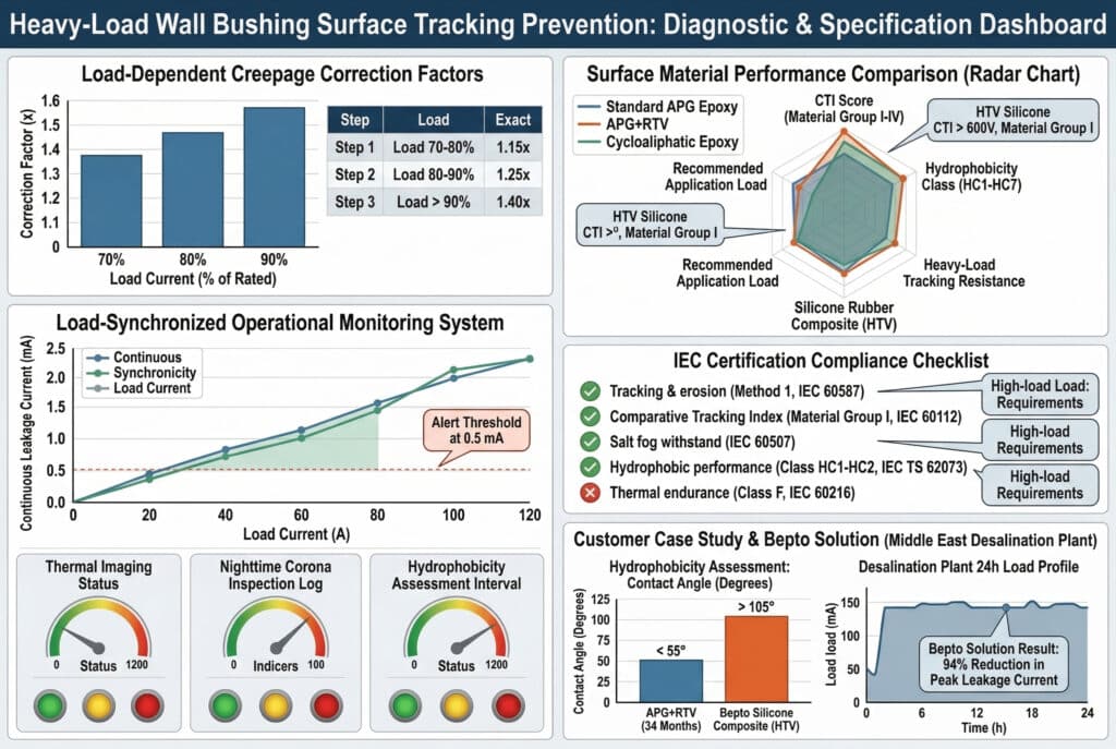 Yüksek yük yüzey izleme önleme stratejilerini görselleştiren kapsamlı bir teşhis ve spesifikasyon panosu. Yüke bağlı sızıntı düzeltme faktörleri, CTI ve hidrofobiklik sınıfı dahil olmak üzere malzeme performans karşılaştırmaları, yük senkronize izleme verileri, IEC sertifikasyon kontrol listeleri ve Bepto çözümünün geliştirilmiş hidrofobikliği ile başarısızlığı karşılaştıran bir Suudi tuzdan arındırma tesisi vaka çalışması içerir.
