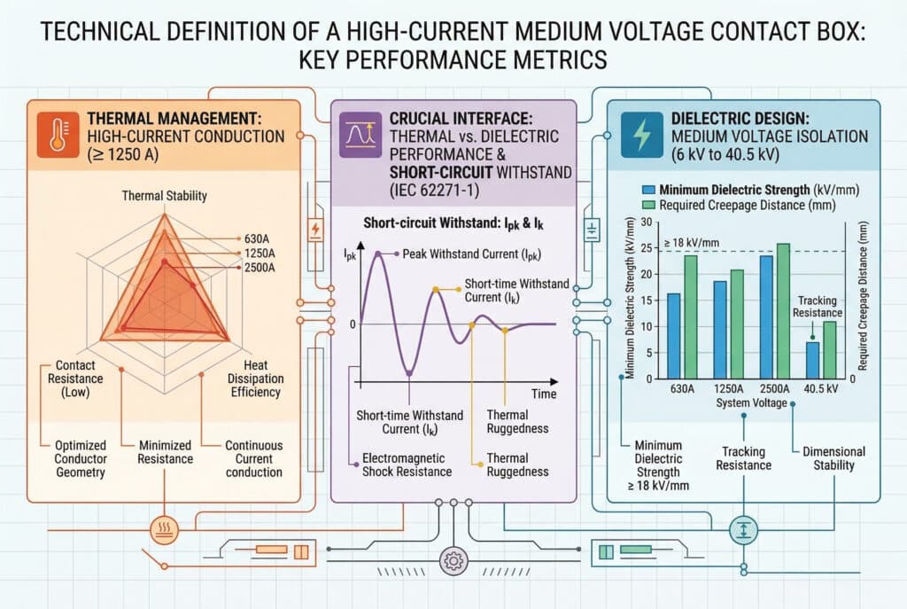 Uma infografia de engenharia que ilustra as definições técnicas interligadas e os principais parâmetros de desempenho de uma caixa de contacto de média tensão de alta corrente, conforme descrito no artigo. Fornece uma visão geral estruturada em três domínios principais: Gestão Térmica para condução de alta corrente (≥ 1250 A), a Interface de Desempenho Crucial (ligando térmica vs. dieléctrica, e resistência a curto-circuito), e Conceção Dieléctrica para isolamento de média tensão (6 kV a 40,5 kV).