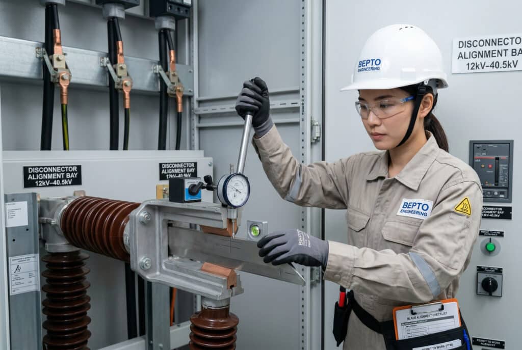 一位來自 "BEPTO ENGINEERING"、具有東亞特色的工程技術人員，在室內高壓斷路器（12kV-40.5kV結構）上進行高精度刀片對中測量。她使用千分表和手動把手來驗證公差，說明了維持變電站安全性和可靠性的程序中的關鍵步驟。為了安全起見，背景中可見接地鉗。.