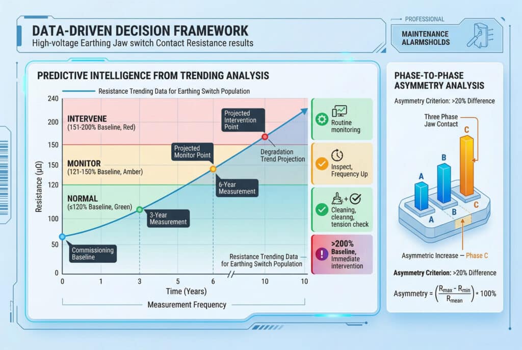 Un'immagine di visualizzazione dei dati tecnici che spiega il quadro di interpretazione dei risultati dei test di resistenza dei contatti sugli interruttori di messa a terra ad alta tensione. La composizione presenta un grafico interattivo dell'andamento delle serie temporali con zone di colore ombreggiato per le soglie di allarme normale (verde), di monitoraggio (ambra) e di intervento (rosso) in base agli aumenti percentuali rispetto alla linea di base della messa in servizio. Un grafico a barre comparativo separato illustra l'analisi dell'asimmetria fase-fase, evidenziando un aumento asimmetrico sulla fase C con le relative formule e le etichette delle azioni necessarie. L'immagine visualizza come i punti di dati grezzi vengono convertiti in informazioni sulla manutenzione predittiva. Non ci sono persone nell'immagine.