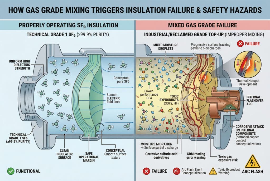 This detailed technical infographic illustrates the severe failure mechanisms triggered by mixing different SF6 gas grades within a conceptual GIS gas-insulated switchgear part. The left panel shows properly operating insulation using technical grade 1 SF6 (≥99.9% purity), with uniform dielectric strength, a clean insulator surface, and functional electric field lines. The right panel illustrates failure caused by improper mixing, featuring various degradation signatures: 'MOISTURE MIGRATION' leading to 'Surface Tracking' and progressive degradation, 'CF4' dilution reducing dielectric strength, 'TOXIC BYPRODUCTS (SOF2, HF)' accumulation from reclaimed gas, and 'CORROSIVE ATTACK' conceptualization on components. A prominent 'Thermal Hotspot Development' inset with temperature indicators and an 'INTERNAL FLASHOVER ARC' demonstrate catastrophic insulation failure and the extreme risk of getting SF6 gas grades wrong in industrial applications.