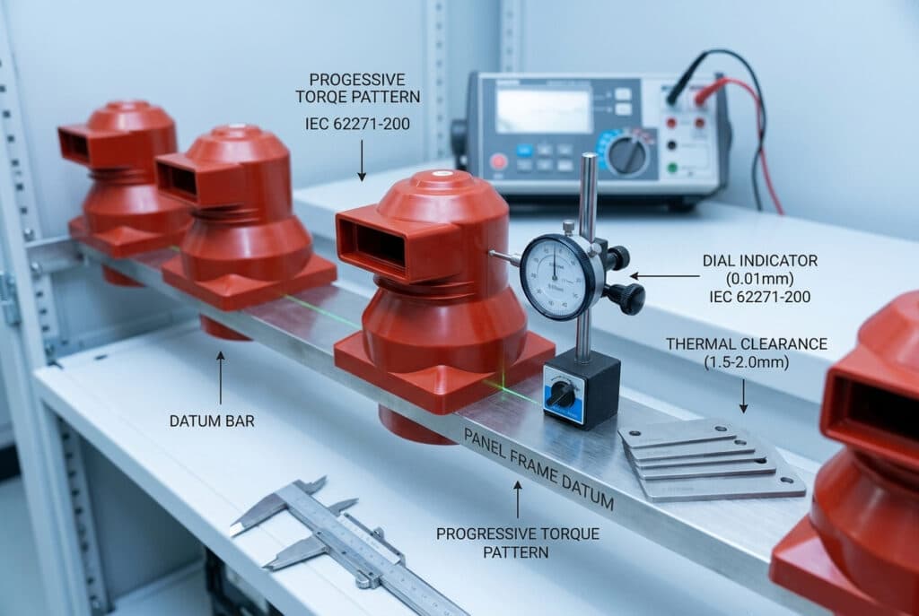 Una fotografia tecnica all'interno di un quadro elettrico che illustra l'allineamento delle scatole di contatto secondo gli standard IEC. Un comparatore misura una scatola di contatti centrale rossa rispetto a una barra di riferimento, mentre le etichette specificano la risoluzione di 0,01 mm, il gioco termico (1,5-2,0 mm), la sequenza di coppie progressive e i riferimenti IEC, visualizzando la precisa procedura di installazione.