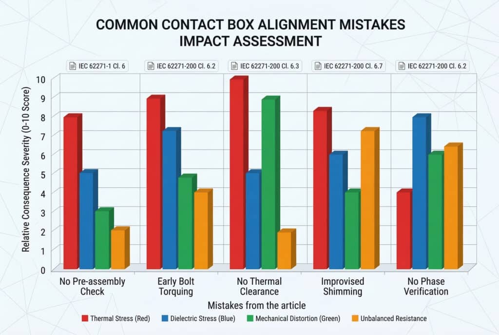 Un grafico a barre di visualizzazione dei dati intitolato "ERRORI DI ALLINEAMENTO DELLE BOX DI CONTATTO COMUNI VALUTAZIONE DELL'IMPATTO". Il grafico mette a confronto cinque errori di allineamento: "Nessun controllo preassemblaggio", "Serraggio precoce dei bulloni", "Nessun gioco termico", "Spessoramento non corretto" e "Nessuna verifica di fase". L'asse verticale misura la "Gravità relativa delle conseguenze (punteggio 0-10)". Le barre colorate per ogni errore indicano il suo impatto in quattro categorie: "Stress termico", "Stress dielettrico", "Distorsione meccanica" e "Resistenza sbilanciata". Gli standard IEC specifici sono indicati all'inizio di ogni categoria.