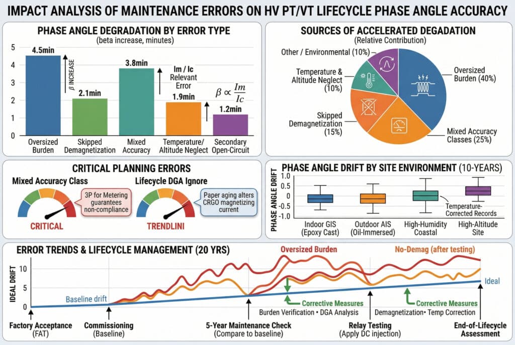 A comprehensive multi-panel data visualization dashboard analyzing the impact of maintenance errors on HV PT/VT lifecycle phase angle accuracy. It features linked charts, including 'Phase Angle Degradation by Error Type (beta increase)', 'Sources of Accelerated Degradation (pie chart)', 'Critical Planning Errors (call-outs)', and 'Error Trends over Lifecycle (20 YRS)', all without any physical equipment present.