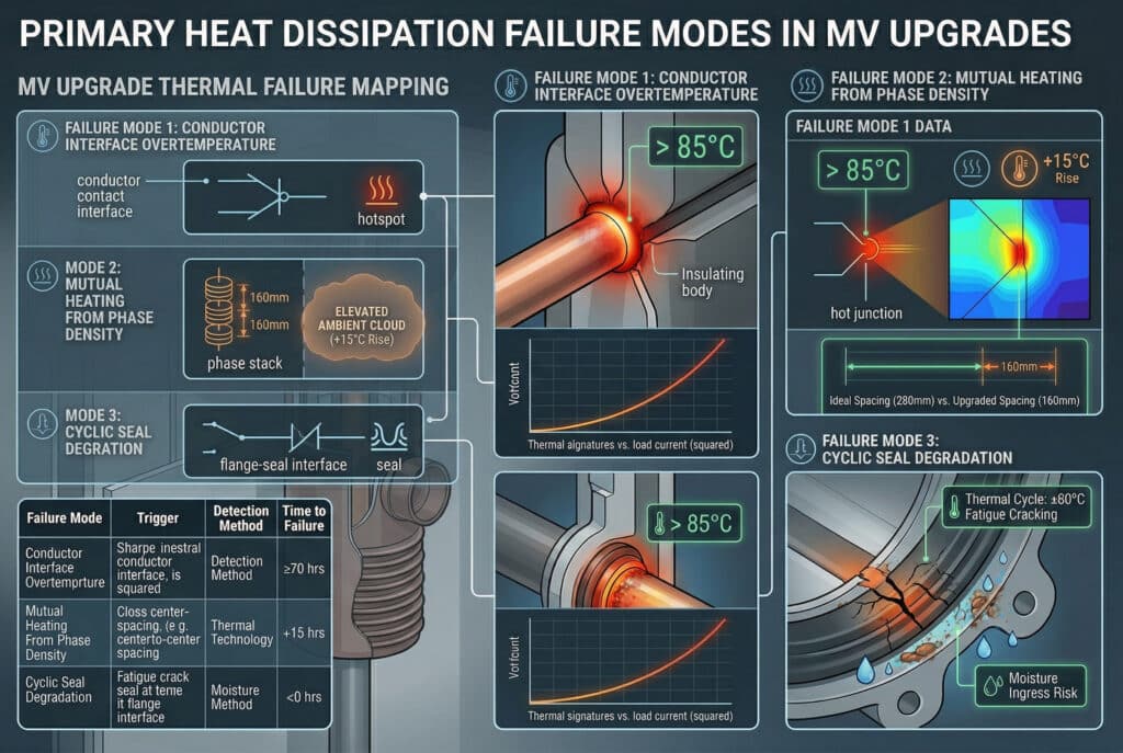 MVアップグレードにおける主断熱の故障モード」と題された詳細なエンジニアリング・インフォグラフィック。この図は、故障モードをマッピングした3つの主要な番号のセクションに分かれています。セクション1では「導体界面過熱」を取り上げ、過熱する絶縁体とホットジャンクションの図をグラフで示し、85℃以上の温度を示している。セクション2では、理想的な間隔（280mm）と改良された間隔（160mm）を比較し、+15℃の上昇と「上昇した周囲雲」をもたらす「相密度による相互加熱」について詳述している。セクション3では、フランジとシールの界面における疲労亀裂を図示し、水分の侵入リスクと疲労亀裂に対する警告を示した「周期的シール劣化」について説明する。熱シグネチャー対負荷電流（2乗）」のデータグラフが含まれている。左下の要約表には、故障モード、そのトリガー、検出方法、故障までの時間（>=70時間、+15時間、<0時間）が記載されている。.