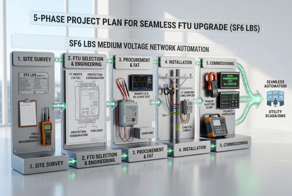 Una visualización de ingeniería fotorrealista muestra el plan de ejecución integrado de cinco fases para una actualización sin fisuras de la FTU en sistemas SF6 LBS, con bloques 3D distintos para el estudio del emplazamiento, la selección e ingeniería de la FTU, la FAT, la instalación y la puesta en servicio, enlazados por flujos de datos brillantes que conducen a la 'AUTOMATIZACIÓN SIN JUNTAS' y al centro de control 'UTILITY SCADA/DMS'. Todo el texto es correcto en inglés.