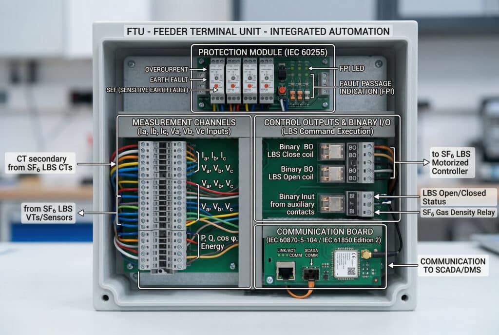 Se muestra una disposición interna detallada de una Unidad Terminal de Alimentador (FTU), con módulos e interfaces etiquetados para Protección (IEC 60255), Medición, Control (con Salidas Binarias para Controlador Motorizado SF6 LBS), y Comunicación (con Ethernet/Fibra para SCADA), mostrando su arquitectura integrada e interfaces físicas directas con un Interruptor de Carga SF6 (LBS).