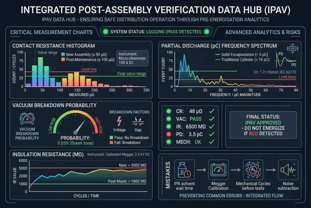 Um painel de dados digitais moderno e com tema sombrio e um infográfico analítico intitulado "HUB DE DADOS DE VERIFICAÇÃO PÓS-ASSEMBLÉIA INTEGRADA (IPAV)". O subtítulo diz: "HUB DE DADOS IPAV - GARANTINDO A OPERAÇÃO SEGURA DA DISTRIBUIÇÃO POR MEIO DE ANÁLISES DE PRÉ-ENERGIZAÇÃO". O painel apresenta vários painéis integrados com elementos de IU em azul neon e verde brilhantes. À esquerda estão os "CRITICAL MEASUREMENT CHARTS" (gráficos de medições críticas) que exibem um histograma de resistência de contato, um medidor de probabilidade de quebra de vácuo com uma agulha na zona verde "0.05% Green zone" e um gráfico de linha de resistência de isolamento (MΩ). Todos mostram dados numéricos, linhas de limite e informações sobre o equipamento. À direita, "ADVANCED ANALYTICS & RISKS" inclui um espectro de frequência de descarga parcial (pC) com uma forma de onda e linhas de limite. Um "STATUS LOG" lista as categorias de teste (CR, VAC, IR, PD, MECH) com resultados numéricos, marcas de verificação verdes e uma caixa "Final Status: IPAV APPROVED" com texto verde e um aviso "DO NOT ENERGIZE IF RED DETECTED". No canto inferior direito, pequenos ícones ilustram erros comuns como um "FLUXO INTEGRADO" para prevenção. Os ícones de vários padrões também estão visíveis. A estética geral é escura, futurista e precisa, lembrando um design de IU de alta tecnologia. Não há pessoas, apenas dados e gráficos conceituais.