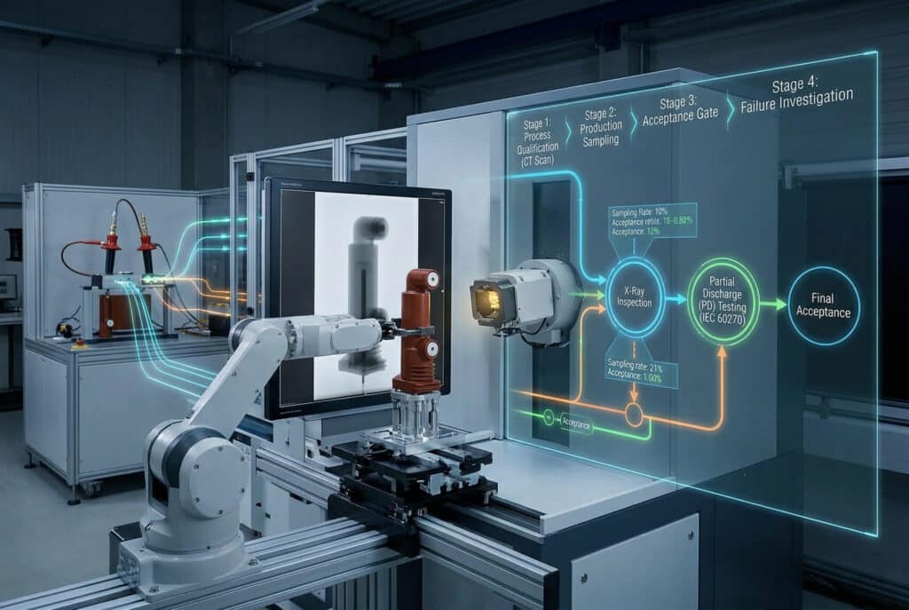 Foto makroskopis dari stasiun sinar-X robotik di fasilitas manufaktur modern, yang secara aktif memindai tiang yang tertanam di dalam tanah (seperti image_4.png). Bagan siklus hidup jaminan kualitas digital yang terintegrasi dan mengalir diproyeksikan ke layar transparan besar, memvisualisasikan bagaimana integrasi sinar-X (Kualifikasi Proses, Pengambilan Sampel Produksi, Gerbang Penerimaan, Investigasi Kegagalan) terhubung langsung ke 'Pengujian Pelepasan Parsial (PD) (IEC 60270)' dan 'Keputusan Terima/Tolak' serta 'Penerimaan Akhir'. Garis yang bersinar mewakili data dan aliran proses, dengan hamparan data yang menunjukkan tingkat pengambilan sampel. Tidak ada orang dalam gambar.