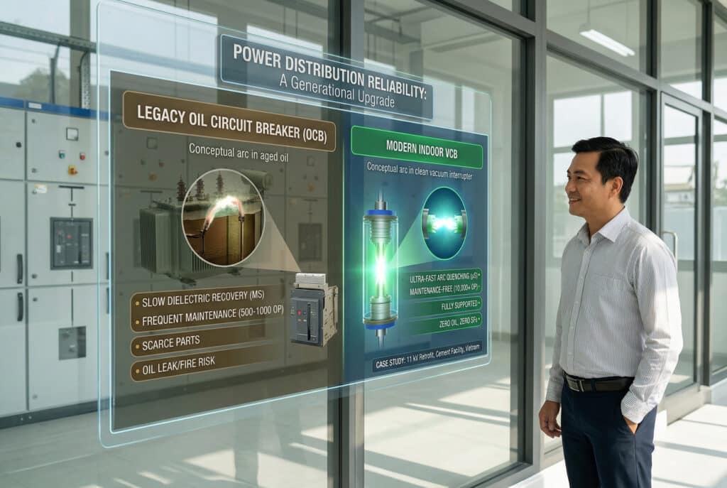 A photograph of a confident Vietnamese male procurement manager in a modern electrical substation, observing a transparent LED comparison screen between legacy oil circuit breakers (OCB) and modern indoor vacuum circuit breakers (VCB). The screen shows conceptual arc quenching illustrations and listed technical points (Dielectric Recovery Speed, Maintenance Interval, etc.), highlighting the 'POWER DISTRIBUTION RELIABILITY: A Generational Upgrade' and a Vietnam case study reference.