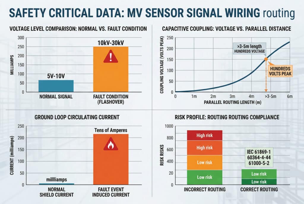 แดชบอร์ดอินโฟกราฟิกที่ขับเคลื่อนด้วยข้อมูล ประกอบด้วยแผนภูมิเชิงนามธรรมสี่แบบที่แตกต่างกัน ซึ่งวิเคราะห์ความปลอดภัยของการเดินสายสัญญาณ รวมถึงการเปรียบเทียบระดับแรงดันไฟฟ้า การเชื่อมต่อแบบคาปาซิทีฟตามระยะทาง กระแสลูปกราวด์ที่หมุนเวียน และโปรไฟล์ความเสี่ยงที่เกี่ยวข้องกับการปฏิบัติตามข้อกำหนดในการเดินสาย ทั้งหมดนี้ปราศจากการแสดงภาพผลิตภัณฑ์โดยสิ้นเชิง.