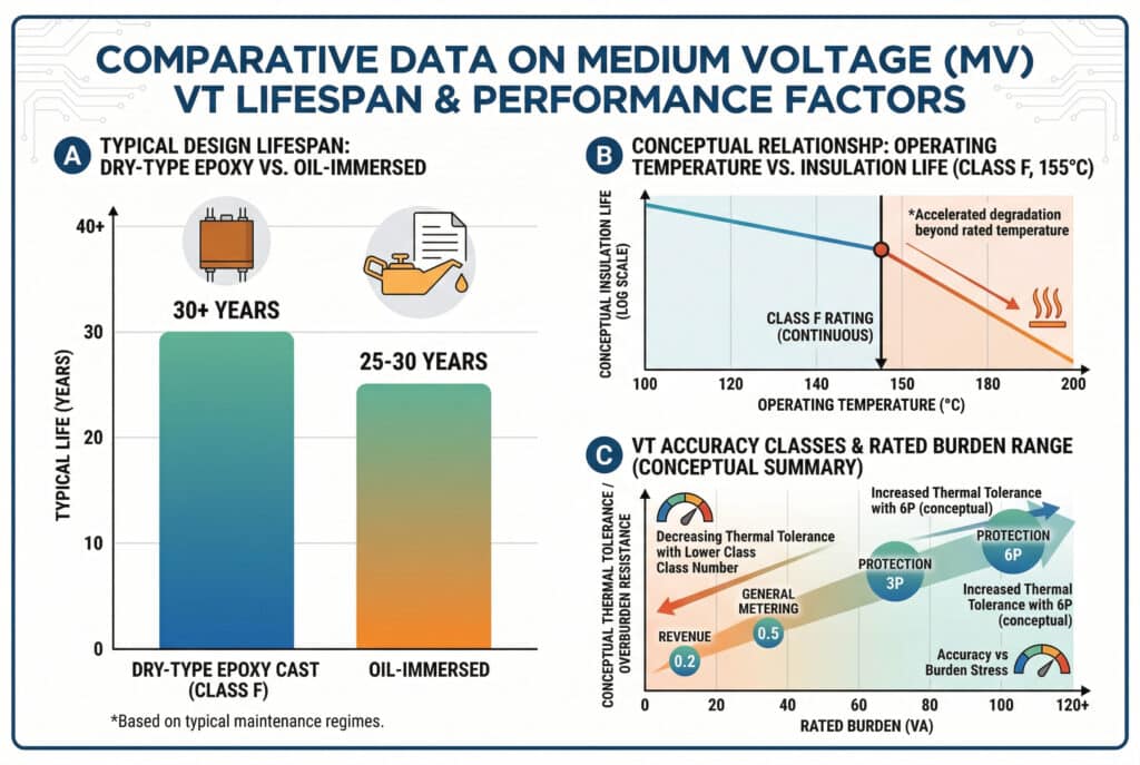 此信息圖表資料可視化頁面以輸入的文字為基礎，提供四個概念圖表：(1) 比較乾式環氧 (30+ 年，F 級) 與油浸 VT (25-30 年) 典型壽命 (年) 的條形圖。(2) 概念線條圖，說明較高的操作溫度會加速絕緣降解（顯示 F 級 155°C 以上的臨界區）。(3) 顯示不同精度等級 (0.2、0.5、3P、6P) 的氣泡圖，其概念分佈於額定負載範圍 (VA)，顯示 6P 的熱容受能力與 0.2 的較高負載壓力。(4) 室內 IP20 與室外 IP65 在不同污染程度條件下的環境等級對照圖。所有圖表均使用說明數值。.