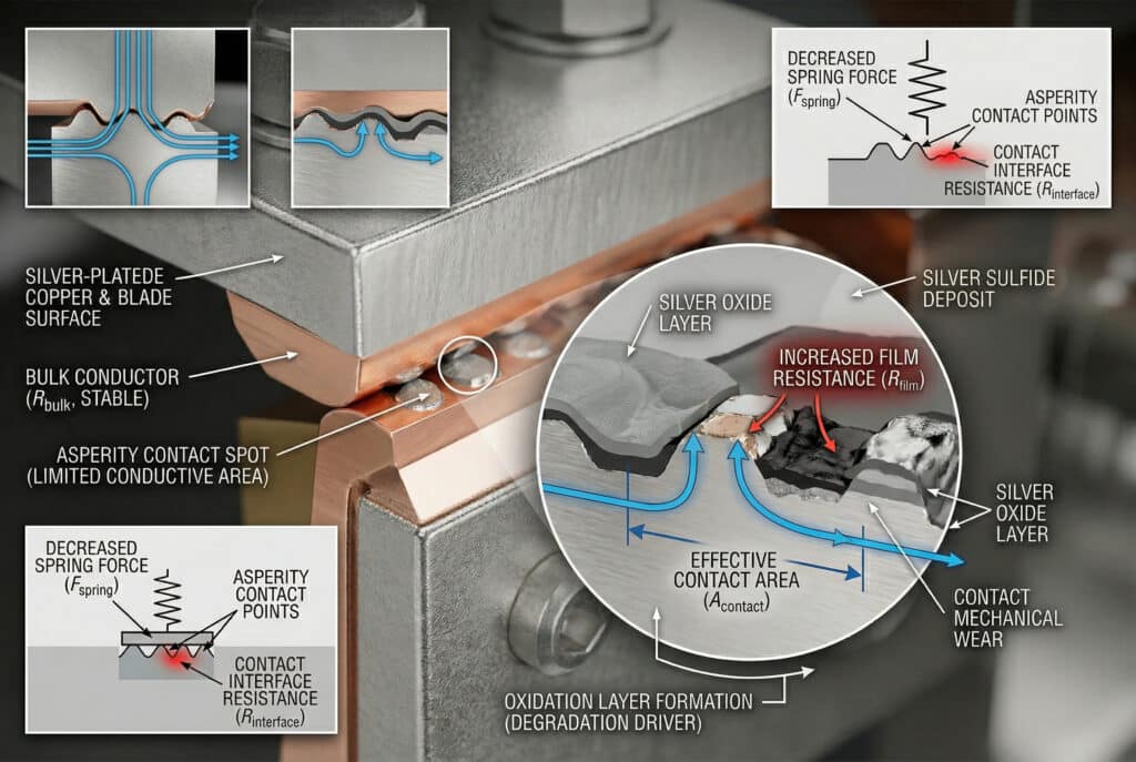 Un'illustrazione tecnica che mostra l'ingrandimento delle superfici di contatto degli interruttori di messa a terra placcati in argento. Le annotazioni spiegano come gli strati di ossido e solfuro d'argento si formino nei punti di asperità microscopici, aumentando la resistenza di contatto ($R_{film}$) attraverso la riduzione dell'area conduttiva, collegata a formule come la resistenza di Holm e la forza elastica.