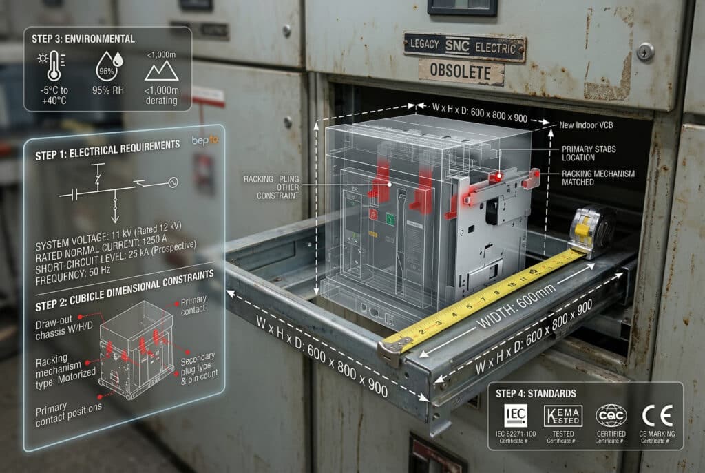 A complex, close-up visualization of selecting the correct Indoor Vacuum Circuit Breaker (VCB) for a retrofit application inside a weathered medium-voltage switchgear cubicle. A physical engineer's tape measure is extended across the draw-out chassis frame, with overlaid graphic dimension lines (W x H x D: 600 x 800 x 900) marking key measurement points and 'W: 600mm' on the tape.