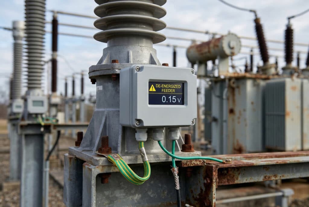 Photographie en gros plan d'un dispositif de surveillance de l'isolateur d'un capteur industriel, qui est un boîtier doté d'un écran numérique affichant par erreur une tension non nulle de '0,15 V' malgré l'inscription 'DE-ENERGIZED FEEDER' avec une icône d'avertissement jaune clignotante, à côté de la base d'une pile d'isolateurs composites dans une sous-station à haute tension. Les connexions de mise à la terre défectueuses sont un point focal : une sangle de sécurité tressée verte et jaune est visible, mal connectée à un boulon corrodé, et un fil vert plus fin est vu se connecter incorrectement à l'acier structurel rouillé au lieu d'une barre omnibus de mise à la terre propre, illustrant une erreur de mise à la terre (telle que l'erreur 1) se manifestant comme une signature de mesure de défaut. Les textures rouillées et usées, les détails techniques et l'arrière-plan d'une sous-station à haute tension sont subtilement rendus. Aucune personne n'est présente.
