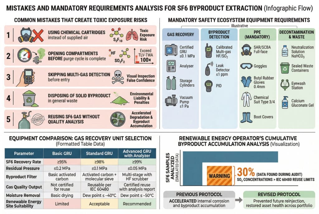 Infografis data yang kompleks dan terstruktur serta bagan perbandingan, disajikan dengan gaya ilustrasi dan grafis yang bersih tanpa foto produk atau orang yang realistis. Tata letak terpisah secara horizontal menggabungkan beberapa aliran data. Bagian atas berjudul "ANALISIS KESALAHAN DAN PERSYARATAN WAJIB UNTUK EKSTRAKSI PRODUK SAMPING SF6 (Aliran Infografis)". Kolom kiri, "KESALAHAN UMUM YANG MENIMBULKAN RISIKO PAJANAN RACUN", menyajikan daftar terstruktur dengan ikon ilustratif dan teks kesalahan: 1 | Kartun respirator kimia dengan tanda X merah besar | "MENGGUNAKAN KARTON KIMIA sebagai pengganti udara yang disuplai" | Ikon: Molekul S₂F₁₀, ikon paru-paru dengan 'Risiko Paparan Racun'. 2 | Pengukur menunjukkan pemulihan yang belum selesai yang mengarah ke flensa terbuka dengan gas hijau | "KOMPONEN YANG DIBUKA SEBELUM siklus pembersihan selesai" | Ikon: Molekul HF, SO₂F₂, grafik 'Melebihi TLV-TWA 100×'. 3 | Detektor multi-gas yang dipegang dengan tangan, layar kosong | "LEPASKAN DETEKSI MULTI-GAS sebelum masuk" | Ikon: Tengkorak dan tulang bersilang, 'Keyakinan Palsu Inspeksi Visual'. 4 | Tempat sampah kartun dengan bubuk hijau | "MEMBUANG LIMBAH PADAT pada sampah umum" | Ikon: Tumpahan bubuk hijau, 'Tanggung Jawab & Hukuman Lingkungan'. 5 | Tabung gas yang diisi dengan stempel umum | "MENGGUNAKAN GAS SF6 TANPA ANALISIS KUALITAS" | Ikon: Korosi hijau pada bagian internal, 'Degradasi yang Dipercepat & Akumulasi Produk Sampingan'. Kolom kanan, "PERSYARATAN PERALATAN SISTEM KESELAMATAN WAJIB", mengelompokkan item wajib ke dalam empat kolom ilustrasi dengan ikon kecil: 'PEMULIHAN GAS' (GRU Bersertifikat ≤0.1 MPa, Alat Analisis, Silinder Penyimpanan, Pompa Vakum ≤1 Pa), 'DETEKSI HASIL SAMPAH' (Multi-gas HF/SO₂ yang dikalibrasi, Detektor Kebocoran ≤1 ppm, PID), 'APD (WAJIB)' (SAR/SCBA Full-face, Kacamata, Sarung Tangan Karet Butil 0.4mm, Baju Kimia Tipe 3/4, Penutup Sepatu), 'DEKONTAMINASI & LIMBAH' (Larutan Netralisasi NaHCO₃, Wadah Limbah Tertutup, Tempat Pencuci Mata, Gel Kalsium Glukonat). Bagian bawah menyajikan reproduksi bagan data terstruktur: "PERBANDINGAN PERALATAN: PEMILIHAN UNIT PEMULIHAN GAS (Data Tabel Terformat)". Tabel ini memiliki empat kolom: Parameter, GRU Dasar, GRU Standar, GRU Lanjutan dengan Penganalisis. Baris: Tingkat Pemulihan SF6 (≥95%, ≥98%, ≥99%), Tekanan Sisa (≤0,2 MPa, ≤0,1 MPa, ≤0.05 MPa), Filter Produk Sampingan (Karbon aktif dasar, Karbon aktif + saringan molekuler, Multi-tahap dengan scrubber HF), Keluaran Kualitas Gas (Tidak disertifikasi untuk digunakan kembali, Dapat digunakan kembali sesuai IEC 60480, Penggunaan kembali tersertifikasi dengan laporan analisis), Penghapusan Kelembaban (Pengeringan dasar, Titik embun ≤ -40 ° C, Titik embun ≤ -50 ° C), Kesesuaian Lokasi Energi Terbarukan (Terbatas, Dapat Diterima, Disarankan). Di samping ini, visualisasi data studi kasus: "ANALISIS AKUMULASI PRODUK BAKU BERKELANJUTAN OPERATOR ENERGI TERBARUKAN (Visualisasi)". Ini termasuk grafik batang yang menunjukkan "SAMPEL SF6 DIAJUKAN (DATA SIMULASI)" dengan batang besar untuk total dan bagian yang lebih kecil dan berbeda dengan tekstur 'PERINGATAN' oranye dan teks besar "30% (DATA YANG DITEMUKAN SELAMA AUDIT) | KONSENTRASI SO₂ > BATAS PENGGUNAAN KEMBALI IEC 60480". Alur ilustrasi di bawah ini: "PROTOKOL SEBELUMNYA | MEMPERCEPAT korosi internal dan akumulasi produk sampingan" yang mengarah ke "PROTOKOL YANG DITINJAU ULANG | Mencegah injeksi ulang di masa mendatang, memulihkan kesehatan aset di seluruh portofolio". Semua teks dalam bahasa Inggris dieja dengan sempurna. Ikon disederhanakan dan bersifat ilustratif.