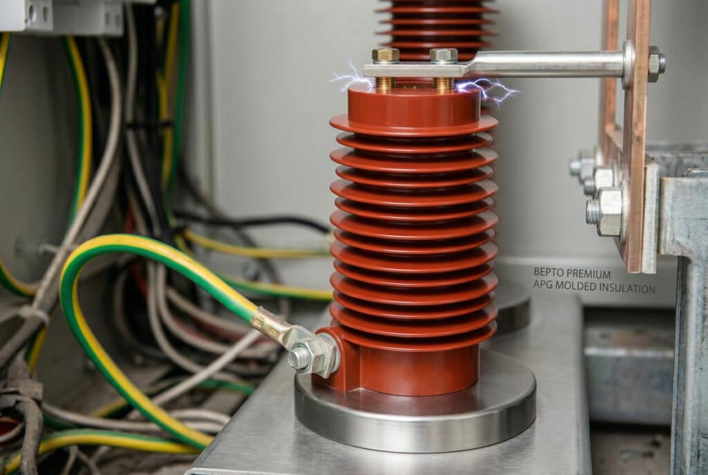 開關櫃中的中壓 Bepto 支柱絕緣體的專業視覺化圖片，呈現出電弧和局部放電的現象。儘管有乾淨的接地連接和乾淨的表面，但可見的電弧顯示出複雜的安裝或製造缺陷，可能與熱衝擊錯誤 3 和一般故障排除有關。.
