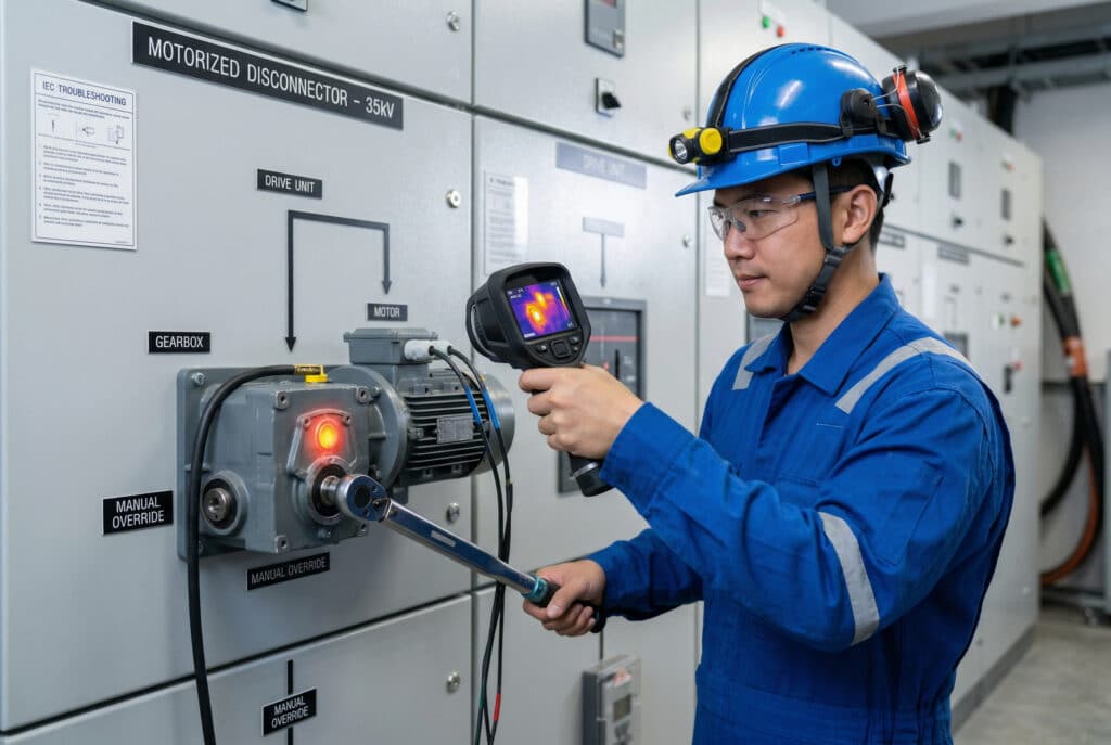 Ein technisches Foto, das einen ostasiatischen Wartungstechniker bei der Inspektion eines Innenraum-Motorantriebs an einem Mittelspannungstrennschalter in einer grauen Schalttafel mit der Aufschrift "MOTORIZED DISCONNECTOR - 35kV" zeigt. Der Techniker verwendet eine tragbare Wärmebildkamera, um heiße Stellen zu identifizieren, und hält gleichzeitig einen kalibrierten Drehmomentschlüssel an der Handbetätigung bereit, um das Betriebsdrehmoment zu messen, was die in dem Artikel beschriebenen Verfahren zur Fehlersuche veranschaulicht.