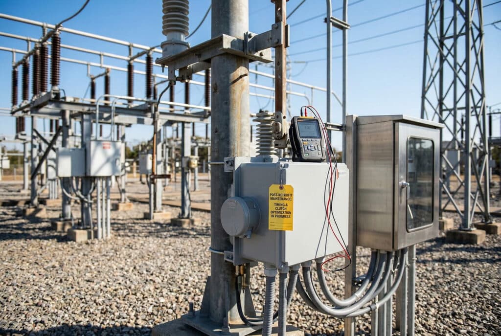 Fotografía profesional que muestra un primer plano de una caja de actuador motorizado recién instalada en un mecanismo de interruptor seccionador de intemperie de media tensión en una subestación. La atención se centra en la monitorización y optimización del estado: un microohmímetro manual/dispositivo DLRO y un multímetro descansan sobre el actuador con cables de prueba conectados a la conexión principal. Los conductos para los cables de control y alimentación están integrados, y una pequeña etiqueta amarilla de mantenimiento adherida a la carcasa del actuador es claramente visible con texto escrito a mano, incluyendo "INSPECCIÓN POST-RETROFIT: DLRO & CHECK TIMING". El patio de grava, las estructuras de soporte y otros equipos de la subestación crean un claro contexto industrial.