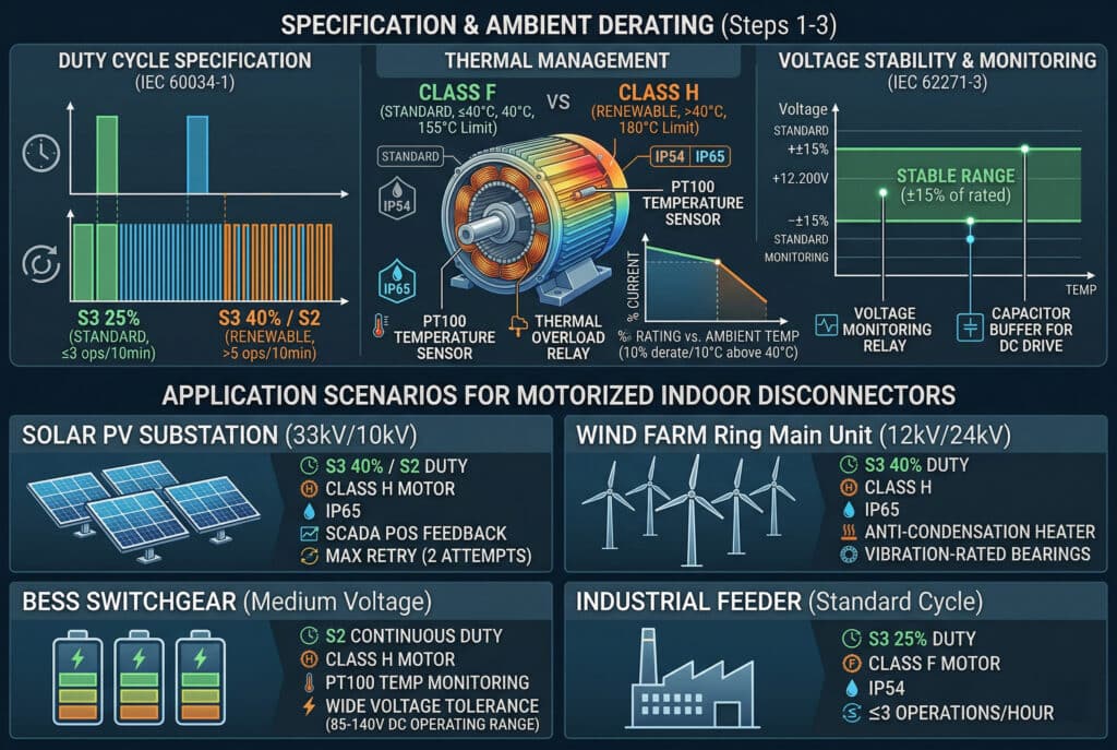 Ein komplexes technisches Schema und eine Infografik, aufgeteilt in einen Abschnitt 'Spezifikation und Umgebungsbedingungen' und einen Abschnitt 'Anwendungsszenarien', die die Schritte zur korrekten Spezifikation und Anwendung von motorisierten Innenraum-Trennschaltern für erneuerbare Energiesysteme veranschaulichen, wie in dem Artikel beschrieben. Im oberen Abschnitt werden Standard- und erneuerbare Spezifikationen für Arbeitszyklus (S3 vs. S2), Wärmeklasse (Klasse F vs. H), IP-Schutzarten, Temperaturüberwachung (PT100), Spannungsstabilität und Hilfsversorgungskomponenten miteinander verglichen. Der untere Teil besteht aus vier verschiedenen Tafeln für PV-Solaranlagen, Windparks, BESS und industrielle Anwendungen, die jeweils die spezifischen technischen Parameter auflisten, die im Text genannt werden. Der Stil ist der eines professionellen Diagnosepanels oder einer visuellen Zusammenfassung mit leuchtenden Datenpunkten und sauberen Grafiken, ganz ohne menschliche Figuren.