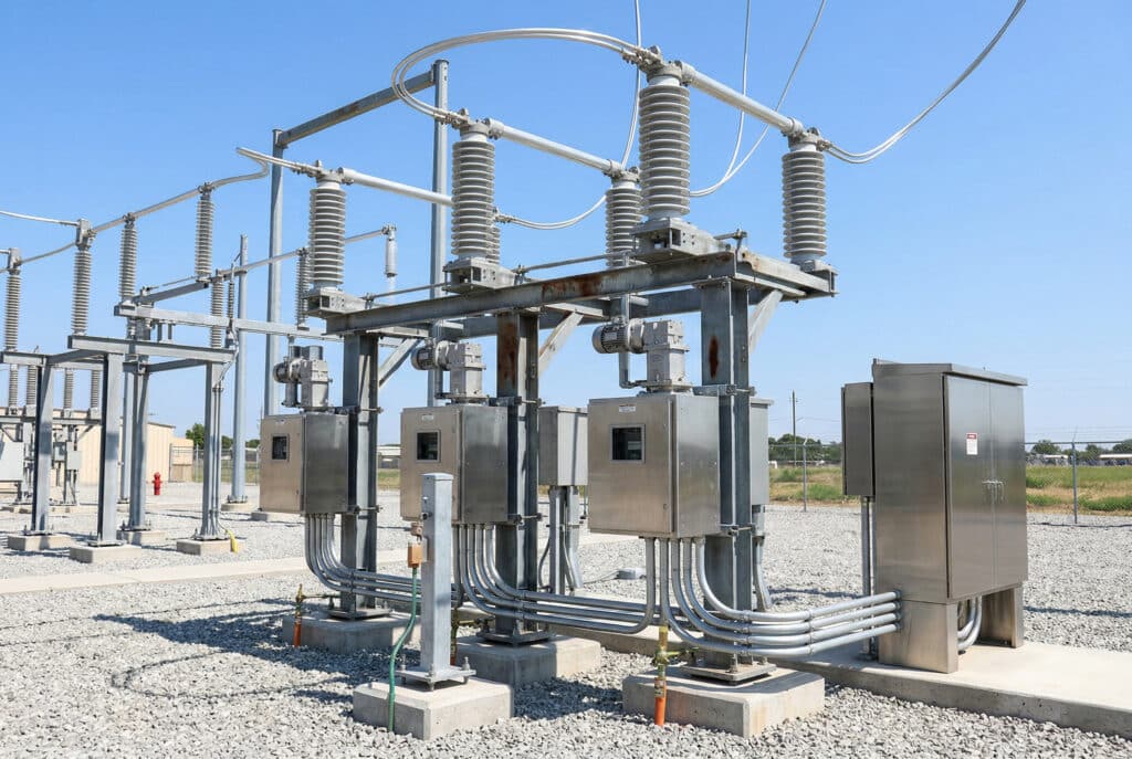 Fotografía profesional de un seccionador de subestación de media tensión exterior modernizado con destacados actuadores motorizados instalados en la base de los postes, que sustituyen a las operaciones manuales para mejorar la seguridad y la integración de SCADA, situado en un patio de subestación limpio y revestido de grava bajo una brillante luz diurna.