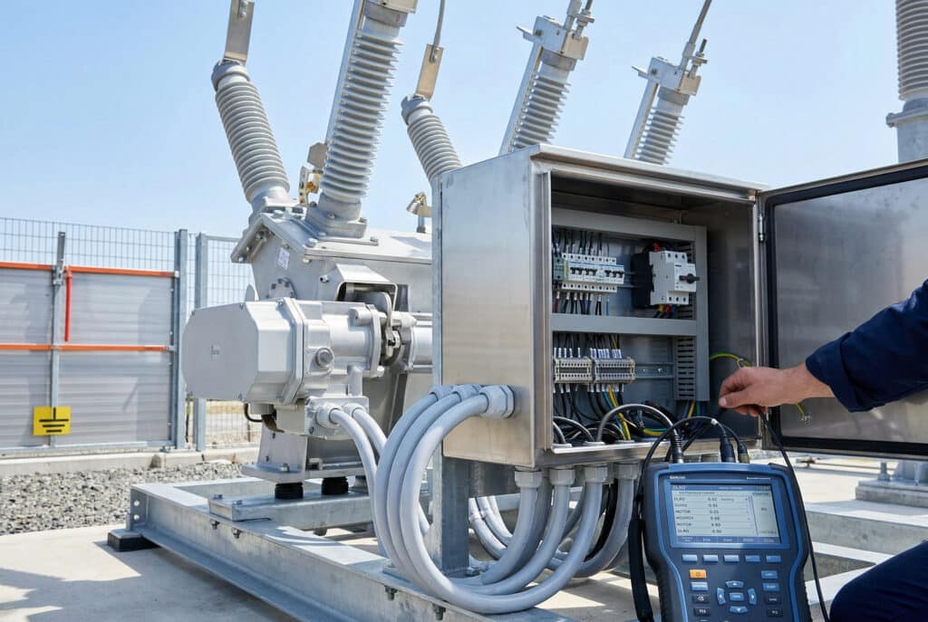Vista detallada de un actuador motorizado recién instalado para un seccionador de intemperie, con un quiosco de control abierto que muestra el equipo de puesta en servicio, ilustrando los pasos de integración mecánica y eléctrica para la reconversión.