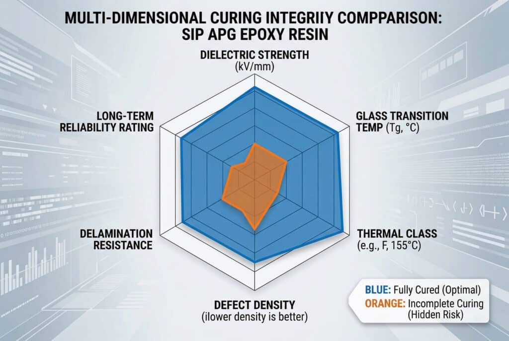 多維雷達資料比較圖，說明 APG 環氧樹脂完全固化與未完全固化的差異。它顯示出在關鍵性能指標上的顯著差距：介電強度、玻璃轉換溫度 (Tg)、熱等級、缺陷密度、抗分層性以及長期可靠性等級。完全固化的資料集（藍色）表現最佳，而未完全固化的資料集（橘色）則突顯了與空隙和殘留應力相關的隱藏可靠性風險。.