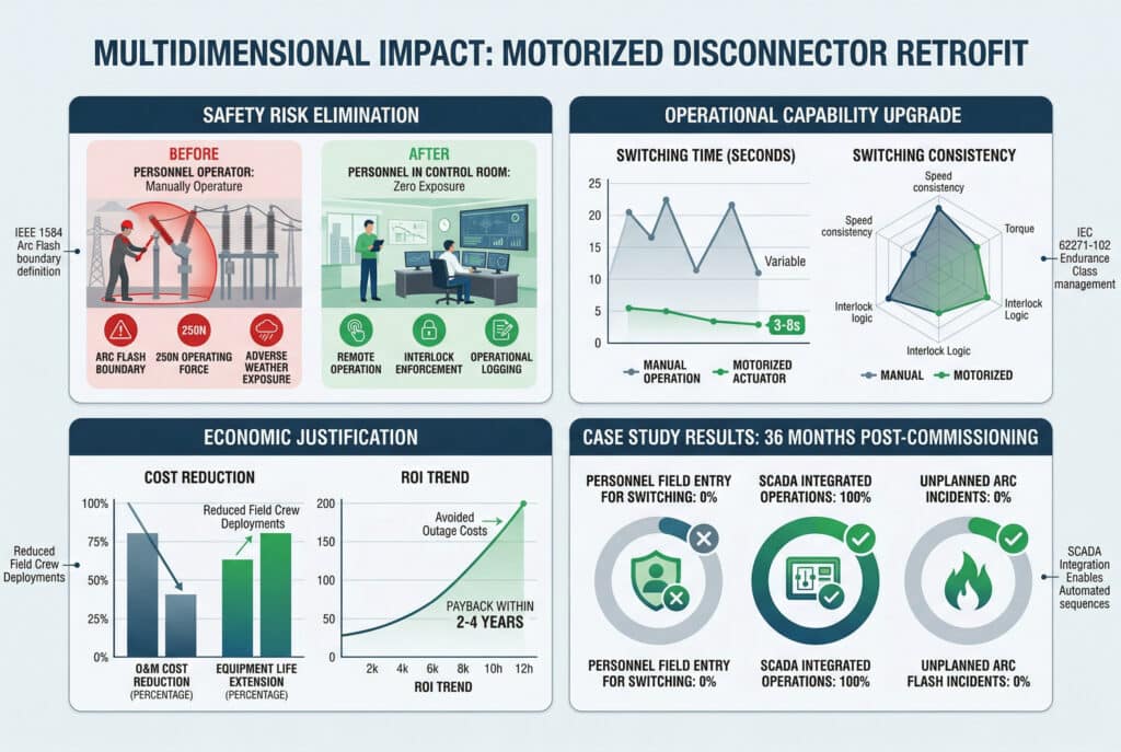 Комплексная инфографика и аналитический отчет, представленные в современном, изысканном стиле с чистыми линиями и сине-зеленой/серой цветовой гаммой с красными акцентами, визуализируют многомерное воздействие модернизации моторизованных разъединителей. Центральное название - "MULTIDIMENSIONAL IMPACT: MOTORIZED DISCONNECTOR RETROFIT". Инфографика состоит из четырех основных разделов: "ИСКЛЮЧЕНИЕ РИСКА БЕЗОПАСНОСТИ", сравнение "ДО РЕТРОФИТА" (высокая степень воздействия: персонал во дворе, граница вспышки дуги, высокая сила, неблагоприятная погода) и "ПОСЛЕ РЕТРОФИТА" (нулевая степень воздействия: персонал в диспетчерской, дистанционное управление, обеспечение блокировки, оперативный журнал); "УЛУЧШЕНИЕ ОПЕРАЦИОННЫХ ВОЗМОЖНОСТЕЙ", сравнение "ВРЕМЕНИ ПЕРЕКЛЮЧЕНИЯ (СЕКУНДЫ)" (ручное и последовательное моторное: 3-8 с). 3-8 с) и "КОНСИСТЕНЦИЯ ПЕРЕКЛЮЧЕНИЯ" (ручное переменное по сравнению с моторизованным равномерным профилем) на линейных и радарных диаграммах; "ЭКОНОМИЧЕСКОЕ ОБОСНОВАНИЕ", с "РЕДАКЦИЕЙ ЗАТРАТ НА ОБСЛУЖИВАНИЕ" (уменьшающихся со временем) по сравнению с "СРОКОМ ЖИЗНИ ОБОРУДОВАНИЯ". "Продление срока службы оборудования" (увеличение) на комбинированной гистограмме и линейной диаграмме, а также "Тенденция окупаемости инвестиций", обозначенная как "Окупаемость в течение 2-4 лет", и гистограммы, сравнивающие "Стоимость одного инцидента вспышки ARC" и "Типовой срок службы". "ТИПИЧНАЯ СТОИМОСТЬ ИНВЕСТИЦИЙ В РЕТРОФИТ"; и "РЕЗУЛЬТАТЫ ИССЛЕДОВАНИЯ: 36 МЕСЯЦЕВ ПОСЛЕ КОМИССИИ", с тремя пончиковыми диаграммами для "ВХОД ПЕРСОНАЛА НА ПЕРЕКЛЮЧЕНИЕ: 0%", "ИНТЕГРИРОВАННЫЕ ОПЕРАЦИИ SCADA: 100%", и "НЕПРЕДУПРЕЖДЕННЫЕ ИНЦИДЕНТЫ ВЗРЫВА АРОК: 0%", а также "Устранение аварийных отключений". Аннотации подчеркивают ключевые ссылки и возможности, такие как IEEE 1584, IEC 62271-102 и интеграция со SCADA. Инфографика четкая, профессиональная и напрямую передает преимущества модернизации через визуальное сравнение данных.