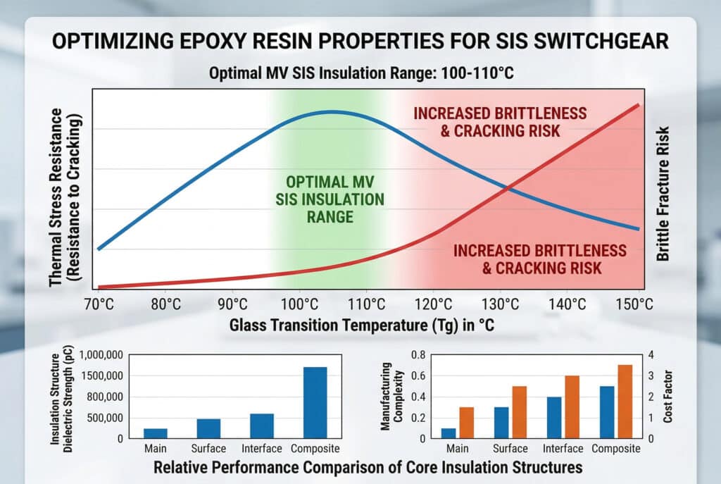 Visualisation d'un graphique de données techniques propre, axé sur les relations entre la température de transition vitreuse (Tg) des résines époxy pour l'isolation des appareillages de connexion SIS. Le grand graphique linéaire à deux axes Y compare la Tg à deux propriétés essentielles : La résistance à la contrainte thermique (résistance à la fissuration) et le risque de rupture fragile. La plage optimale de 100°C à 110°C est surlignée en vert avec une zone souple et l'étiquette 'OPTIMAL MV SIS INSULATION RANGE'. Des valeurs de Tg plus élevées indiquent une diminution de la résistance et une augmentation de la fragilité, la région >110°C étant marquée 'INCREASED BRITTLENESS & CRACKING RISK' (Risque accru de fragilité et de rupture). En dessous, deux diagrammes à barres complémentaires présentent des données conceptuelles comparatives : PERFORMANCE DE LA STRUCTURE D'ISOLATION DU CŒUR (DP vs. complexité/coût)' et 'MATRICES D'ISOLATION (Qualité de la matrice époxy vs. coût)'. Tous les textes et étiquettes sont rédigés dans un anglais clair et précis, avec des valeurs qualitatives mettant l'accent sur les relations entre les données. L'impression générale est professionnelle et scientifique.
